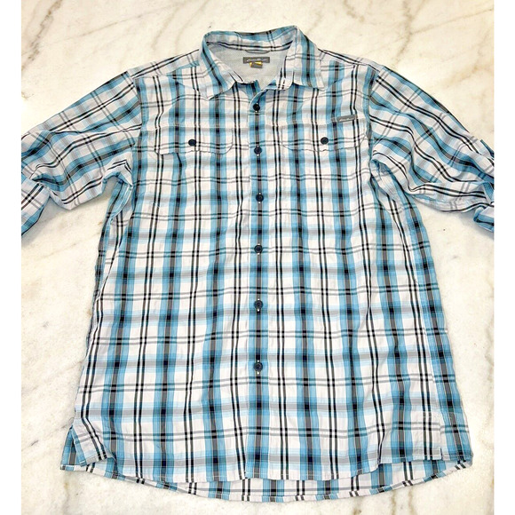 Eddie Bauer Mens Medium M Camp Shirt Lightweight Blue plaid Long Roll Sleeve - Picture 1 of 8